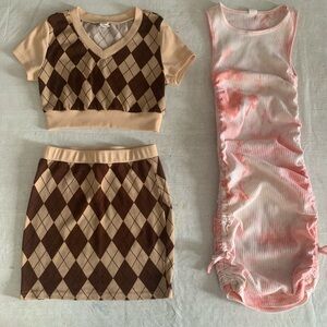 Argyle Crop Top and Skirt Set with Pink Ruched Dress